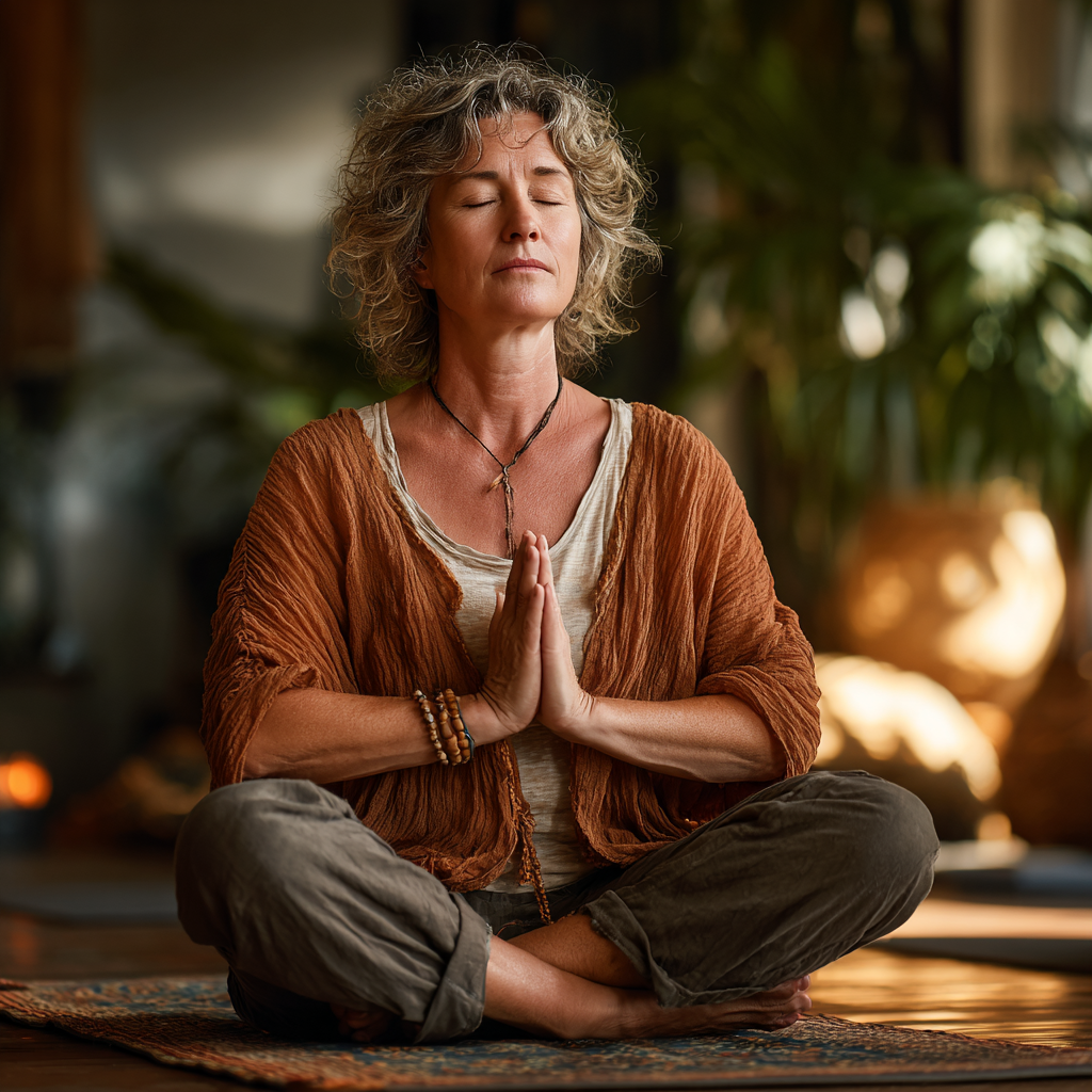 Peaceful middle-aged woman in her early 50s practicing yoga meditation pose on a mat, sitting cross-legged with eyes closed and hands in prayer position, wearing comfortable earth-tone clothing in a serene indoor studio setting